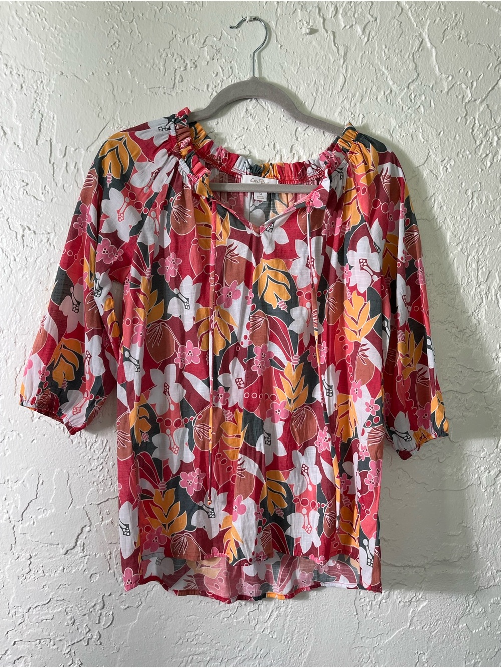 Coral Bay Tropical Floral Boho Peasant Top Size Small